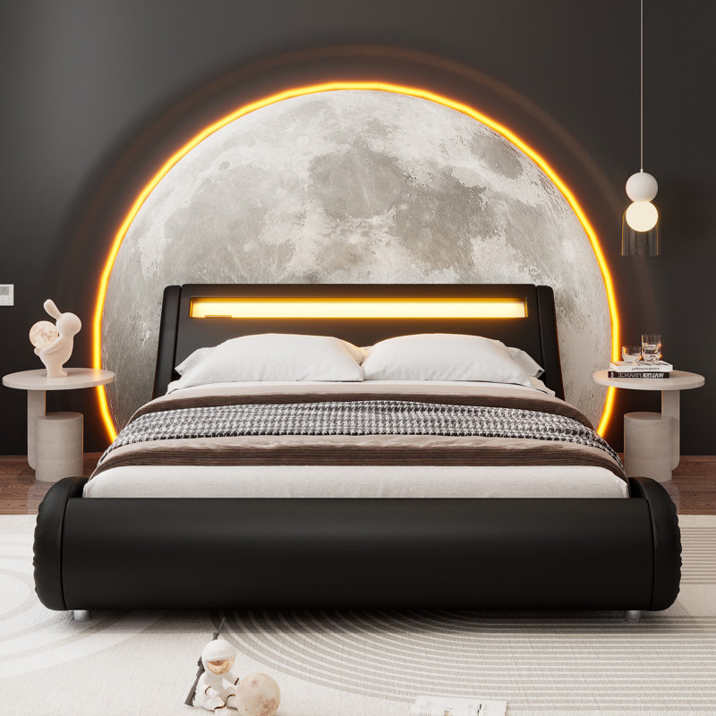 LED Platform Bed Frame with Adjustable Headboard Wrought Studio Color Black Size King